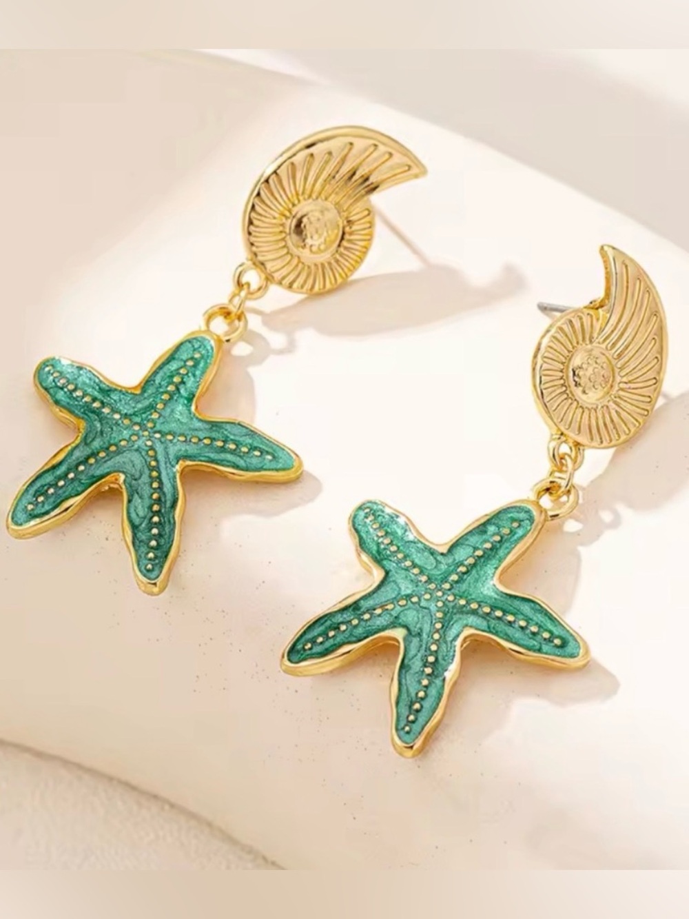 Gold and Teal Starfish Drop Earrings - Women Jewelry